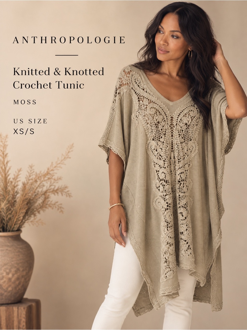 NWT Anthropologie Knitted & Knotted Crochet Lace Boho Tunic Moss XS/S